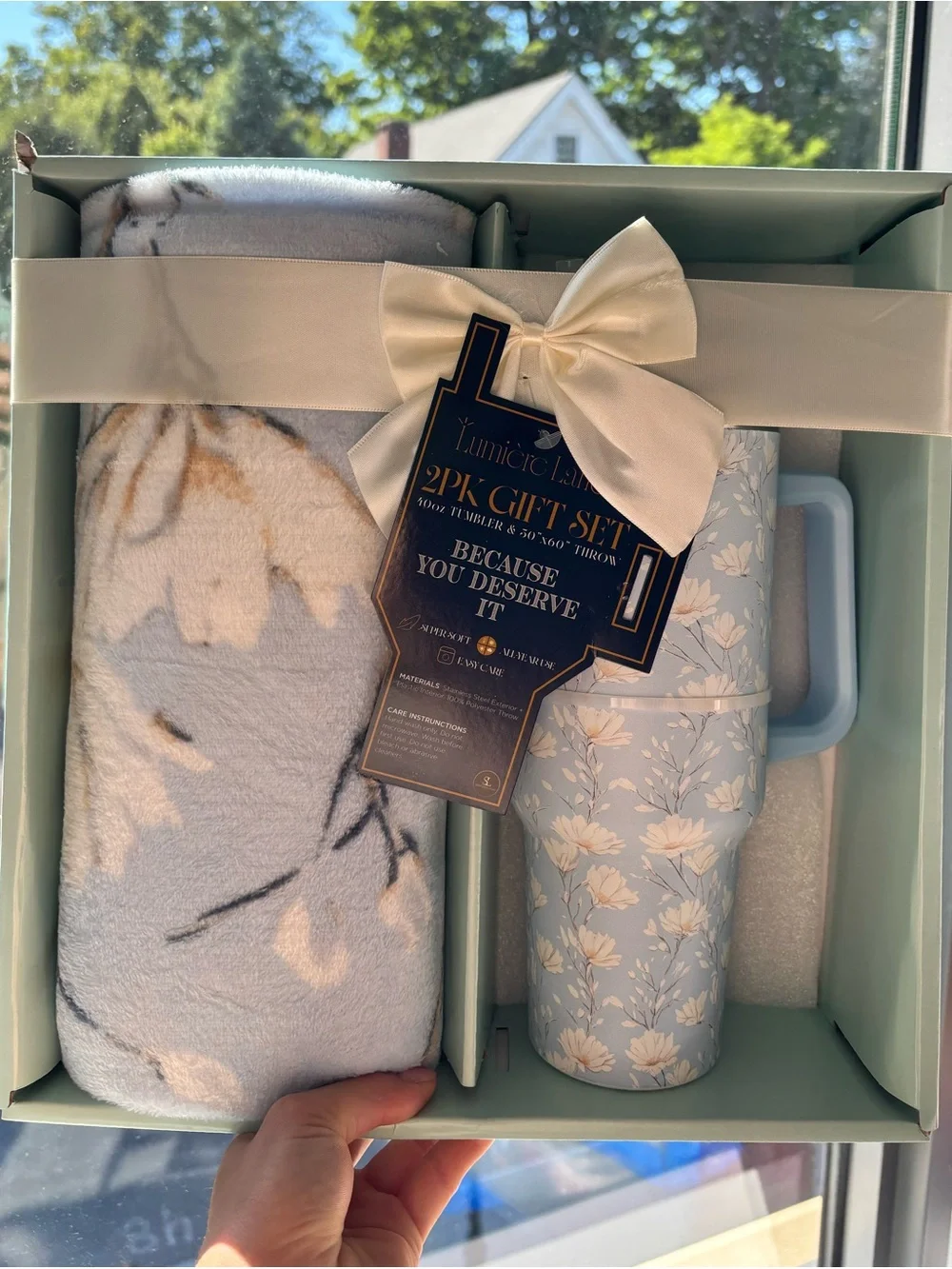Lumiere Blue Floral Throw Blanket & Matching tumbler Gift Set